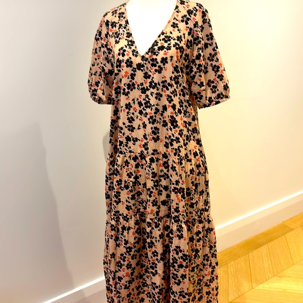Johnny Was V Neck Tier Floral Midi Dress XS O31014